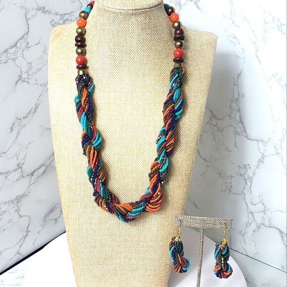 TWISTED SEED BEAD Necklace and Earrings Set Vibrant Colors - Picture 1 of 9